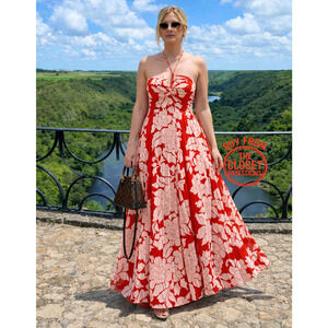 Mango Red Floral Pleated Halter Maxi Dress NWT